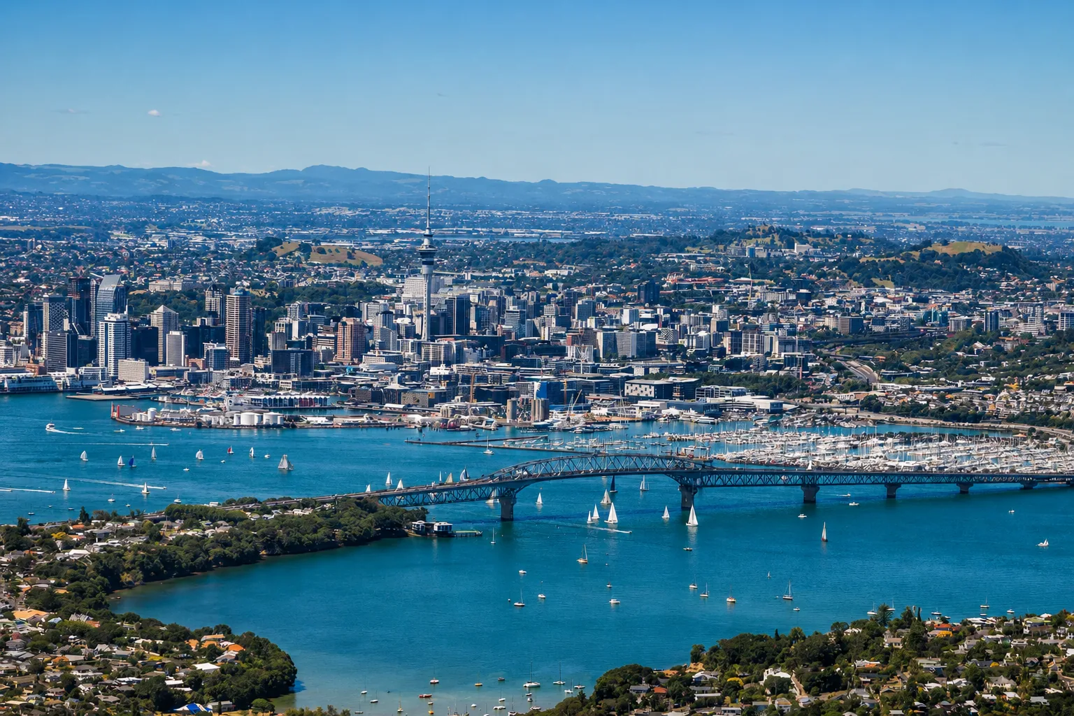 Auckland, New Zealand skyline and harbor